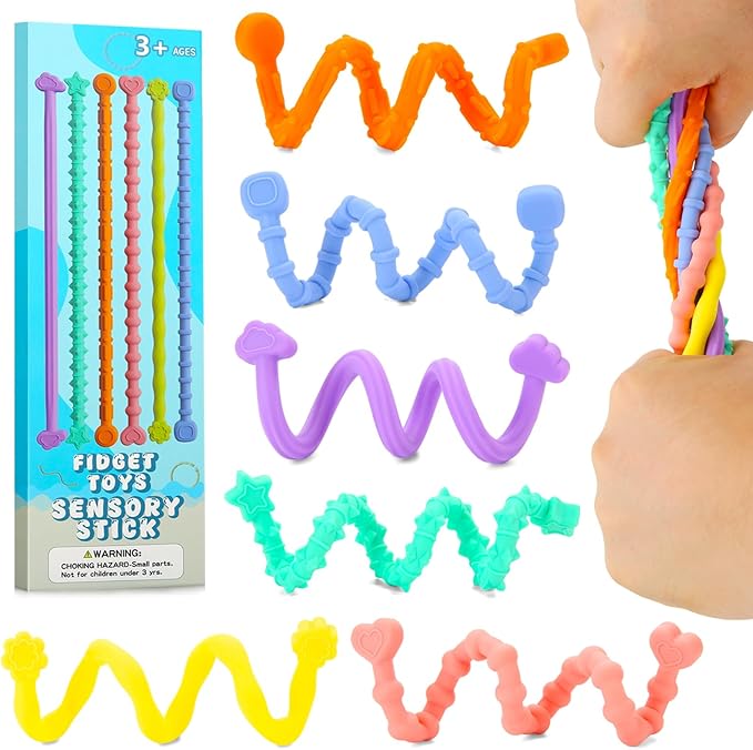 Fidget Toys for Adults Kids, 6 Pcs Sensory Toys for Autism ADHD Flexible Fidget Sticks Stocking Stuffers for Teens Treasure Box Classroom Prizes Party Favors Gifts Calm Down Travel Toys