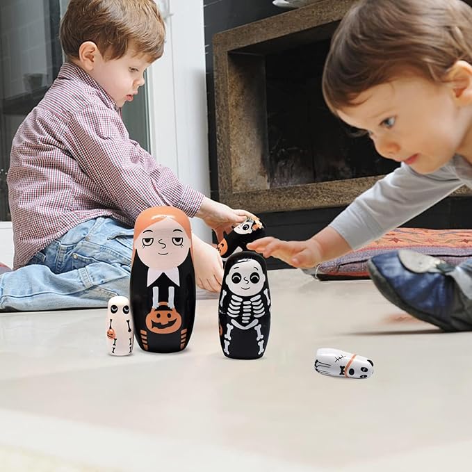 HYCLES Nesting Dolls Russian Matryoshka Wood Stacking Nested Set for Kids Handmade Toys for Children Kids Christmas Birthday Decoration Halloween Wishing Gift