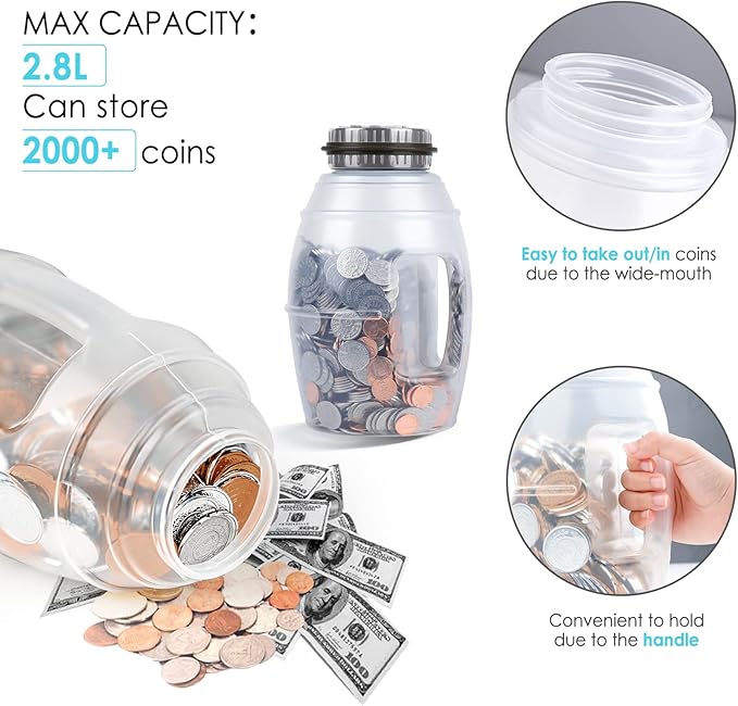 X-Large Piggy Bank for Adults, Vcertcpl Digital Coin Counting Bank with LCD Counter, 2.8L Capacity Coin Bank Money Jar for Adults, Designed for All US Coins(Gray, X-Large)