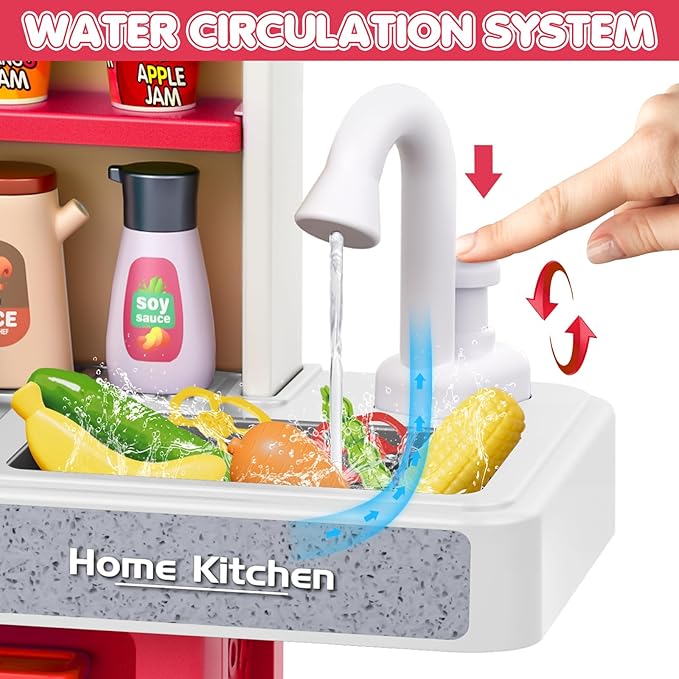 Red Kids Play Kitchen Set, Toddler Kitchen Playset with Sound & Light, Cooking Stove with Steam, Play Sink, Play Food Toy and Kitchen Accessories, Kitchen Toy for Kids Girls Boys - Red