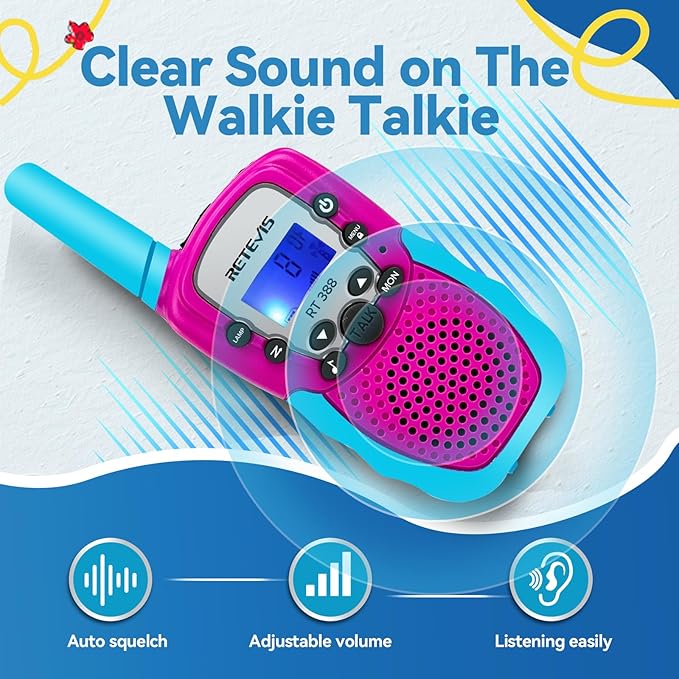 Retevis RT388 Kids Walkie Talkies, 2 Way Radio 22 CH Walkie Talkie, Clear Sound Flshlight VOX, Toys Gifts for 6-12 Year Old Boys Girls, Toys for 6-12 Year Old Camping Outdoor Games(Blue Pink 1 Pair)