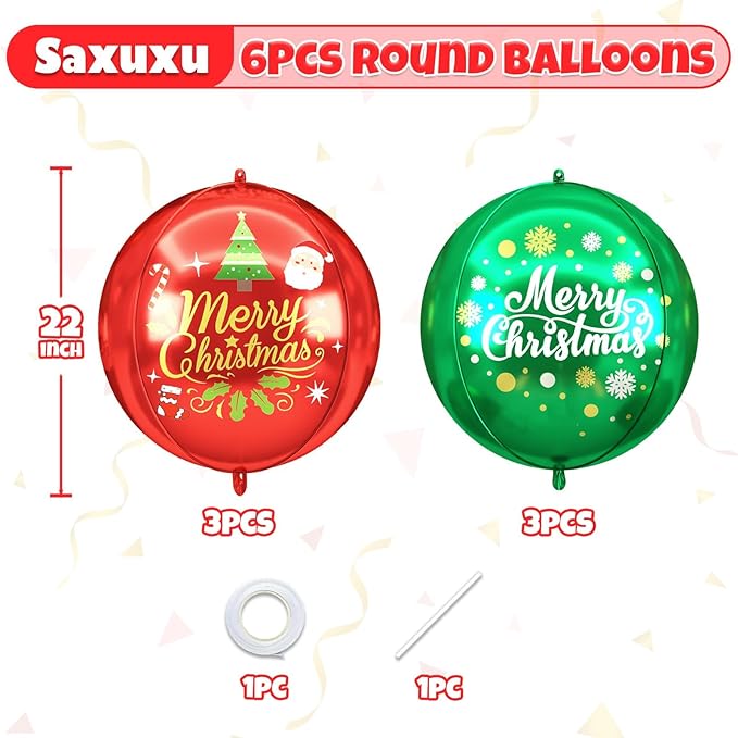 Xmas Foil Balloons Red Green Merry Christmas Printed, 6 Pcs Xmas Round Balloons, 22 Inch Big Round Foil Balloon For Christmas Party Decorations