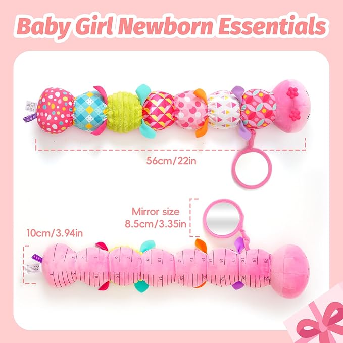 Baby Toys 0-6 Month, Musical Caterpillar Baby Rattle, Plush Sensory Toy with Mirror, Crinkle Textures, Newborn Developmental Tummy Time Stuffed Animal for Infants Boys Girls 6-12 Months (Pink)