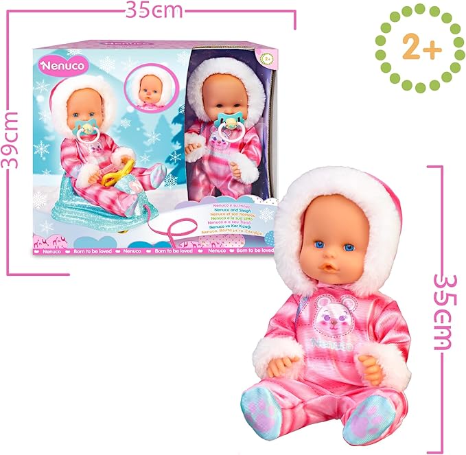 Nenuco 14" Baby Doll in Ski Suit and Sleigh Accesssory On Wheels with Color Chaning Nose, for Ages 2+