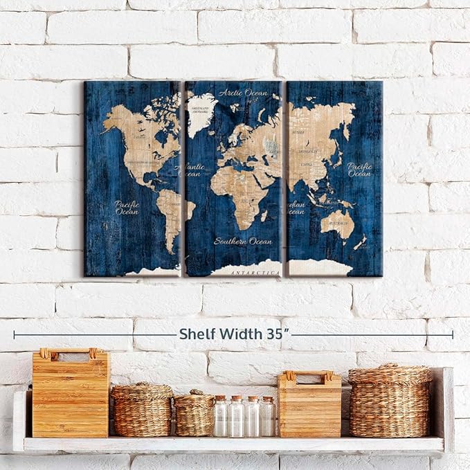 ElephantStock Aged Blue World Map II Canvas - 3 Panel Wall Decor - World Map Digital Art - Blue Wall Art - 23" X 14"