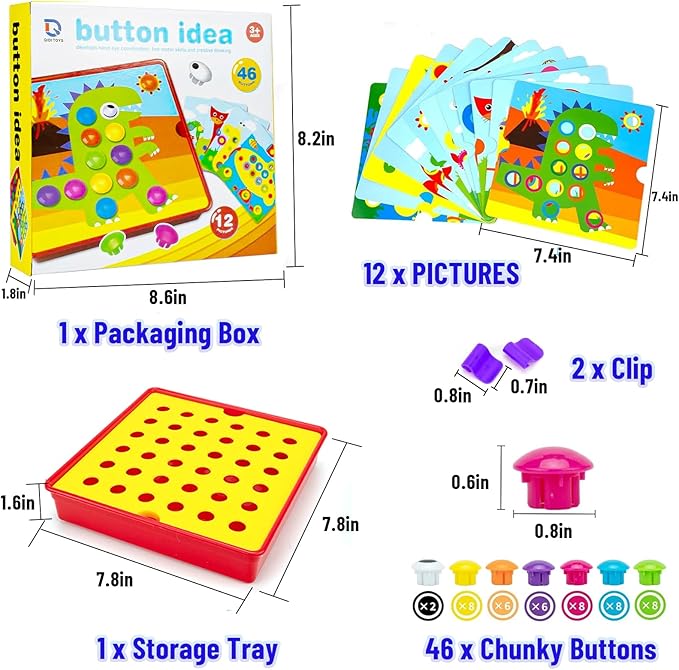 Button Art Toys for Toddlers 3-5 Years Old,Educational Color Matching Mosaic Pegboard & Fine Motor Skills Game,Early Preschool Learning Crafts Activity for Boys & Girls,Gifts for Kids Ages 3+