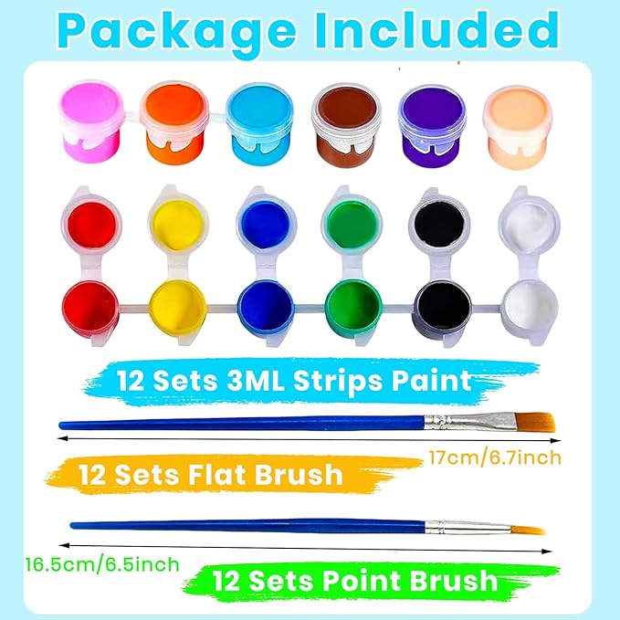 12 Pack Mini Acrylic Paint Set, 12 Colors Washable Acrylic Paint Strips with 24Pcs Painting Brushes for Kids&Adults Paint, 168 PCS Kids Painting Kit for Birthday Party Favor, Classroom, Art Gift