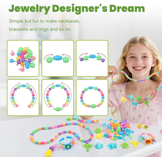 Snap Pop Beads Jewelry Kit for Girls – 350PCS Insect DIY Bracelet Making Toy with Butterfly, Ladybug, Dragonfly – No Mess Craft Birthday Gift Age 4–8 – Crafts Kits with Storage Box