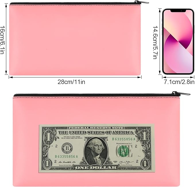 2 Pieces Money Bags with Zipper, 11x6.1 inch Money Pouch, Bank Bag, Cash Bag, Check Wallet, Cosmetics(pink)