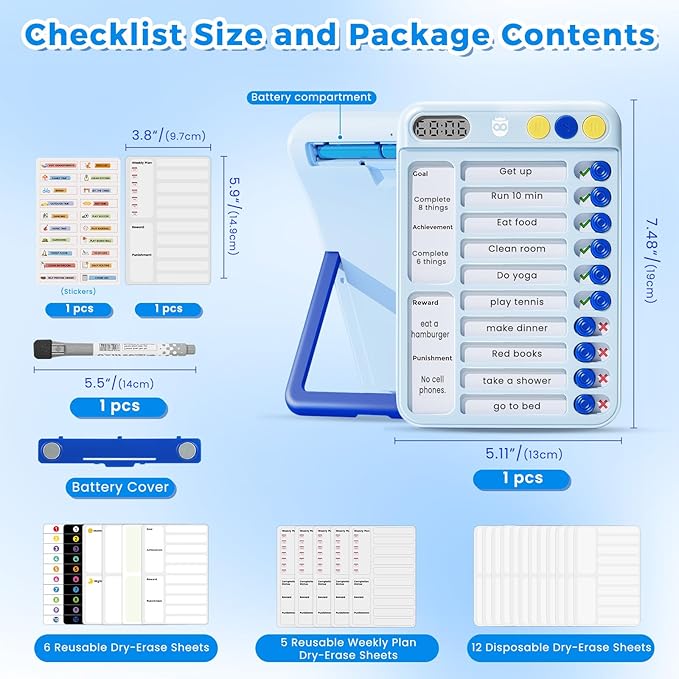 Magnetic Chore Chart for Kids with Timer, Visual Schedule for Kids, ADHD Tools for Kids to Do List, Checklist with 99-Min Countup/Countdown Chore Board with Sliders & 12 Dry-Erase Sheets (Blue)
