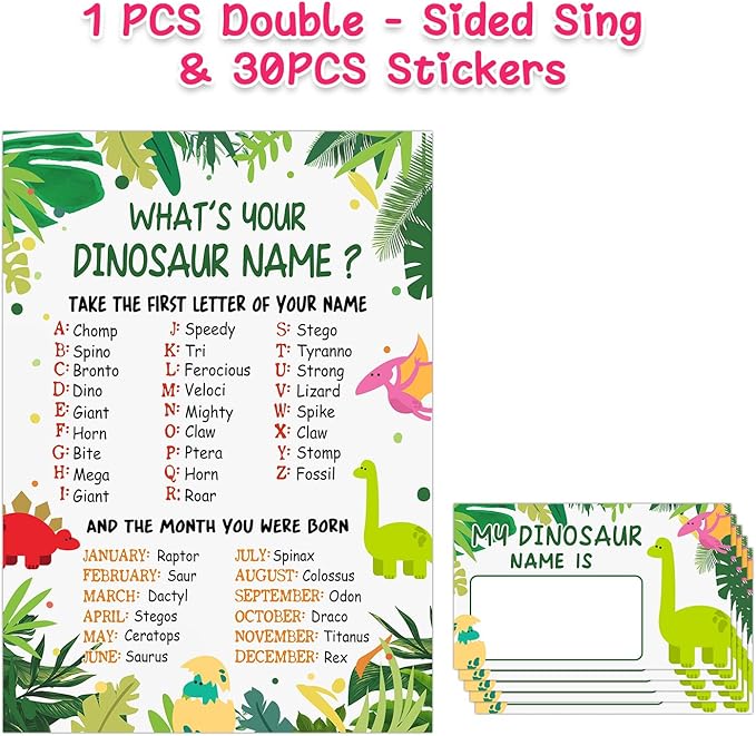 What is Your Dinosaur Name Game, Game Sign and 30 Cards, Dinosaur Birthday Party Sign for Boys and Girls, Holiday Activity, Kids Dinosaur Activity Cards, Dinosaur Activity Decoration Supplies