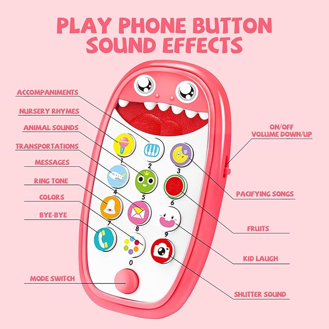Baby Shark Cell Phone Toy Removable Teether Case, Light, Music & Adjustable Volume Kids Play & Learn Fake Phone Infant Toddler, Preschool Holiday Birthday Presnet for Girl Boy 12 Months (Red)