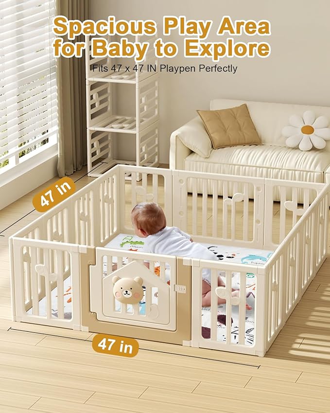 Premium Foam Baby Play Mat 47" x 47" – Removable & Machine Washable Cover, Extra Thick Padding Playpen Mat, Non-Slip Crawling Mat, Easy to Clean for Infants, Toddlers & Babies