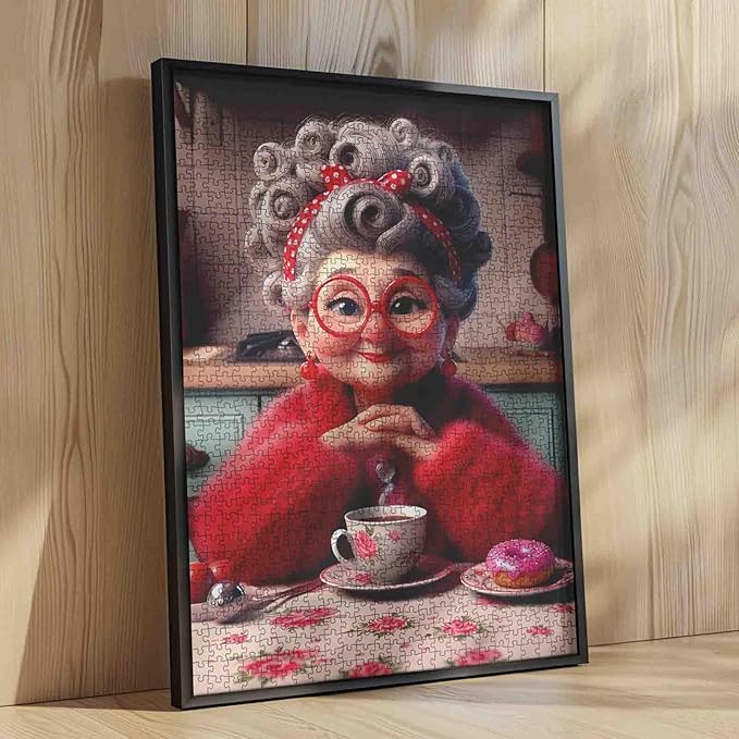 Grandma in Retro Kitchen Puzzles for Adults 1000 Pieces Coffee and Donut Jigsaw Puzzles for Game Nights Granny Jigsaw Puzzle for Challenging Family Activity Game DIY Craft Puzzle Home Decor Gifts