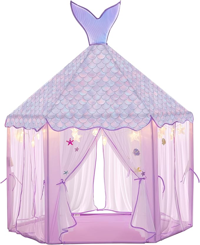 Princess Tent for Girls with Lights, Large Pretend Play Tent Castle w/Carry Bag & Stickers & Detachable Fishtail Top Indoor Outdoor, 67”x55” Ocean-Theme Kids Playhouse Gift for Toddler Age 3+