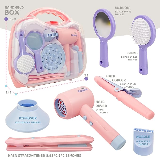 Toy Choi's Kids Hair Salon Toys - Kids Barber Set Pretend Play Makeup Hair Salon Set for Girls with Realistic Blow Dryer, Comb, Carrying Case. Birthday Gifts Hair Salon Toys for Girls 3 4 5 6 Year Old
