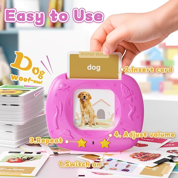 HOMESTEC Toddlers Talking Flash Cards with American Accent & 288 Sight Words, Speech Therapy Toys for 1 2 3 4 5 6 Years Old Boys and Girls, Learning Montessori Sensory kit, Kids Birthday Gifts (Pink)