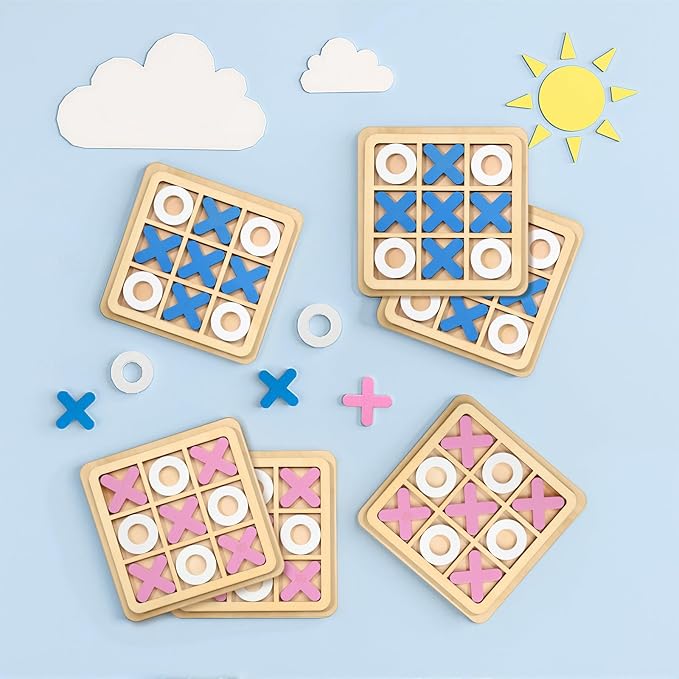 Libima 12 Pcs Wooden Tic Tac Toe Game Mini Family Board Games Classical Puzzle Chess Tabletop Teaches Strategy & Focus, Gifts for Halloween/Road Trip/Travel/Christmas Strategy Toys(Bright Color)