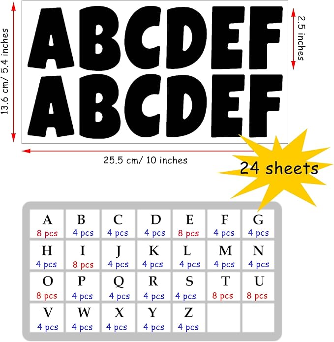 Bemeol 288 Pcs Bulletin Board Letters 24 Sheets 2.5 Inch Self Adhesive Vinyl Alphabet Stickers Letter for Poster Board Classroom School Home Decor(Black)