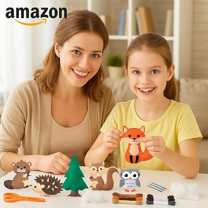 FYXGZZH Kids Beginner Sewing Kit – DIY Stuffed Craft Set with Pre-Cut Felt, Plastic Needle & Embroidery Thread, Educational Arts & Crafts for Boys & Girls Ages 6-12, Woodland Sewing Kit