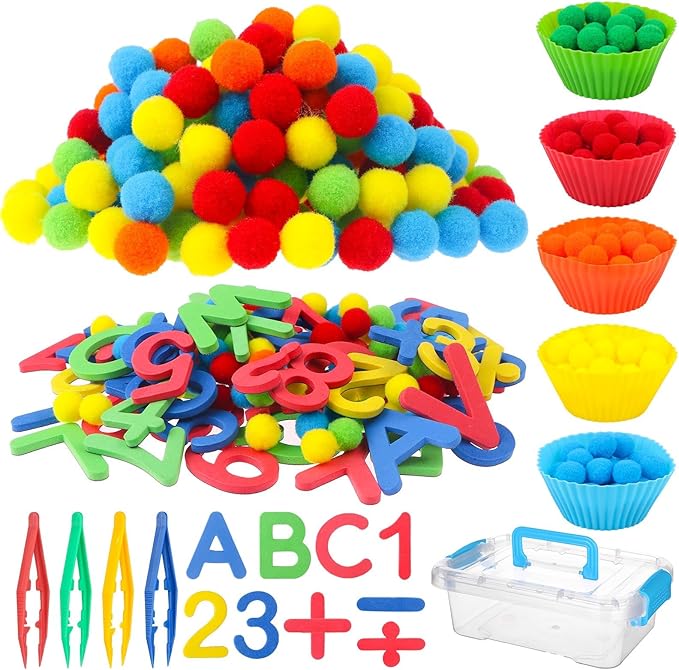 286Pcs Letters and Numbers Sensory Bin Filler Fine Motor Toys Counting Sorting 200 Felt Pompoms 76 Magnetic Letters Numbers 4 Tweezers 5 Silicone Plates 1 Storage Box for Counting Sorting DIY Crafts