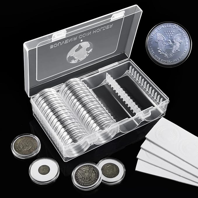 MUDOR 41 mm Coin Holder, 60 Pieces Silver Dollar Capsules with Foam Gasket, Professional Storage Case Box for Coin Collection