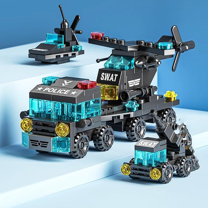 Special Police Building Blocks Toy - 7 in 1 Transformable Police Car Set, SWAT Truck & Helicopter STEM Toys for Kids Ages 6-12, Creative Birthday Gifts for Boys & Girls