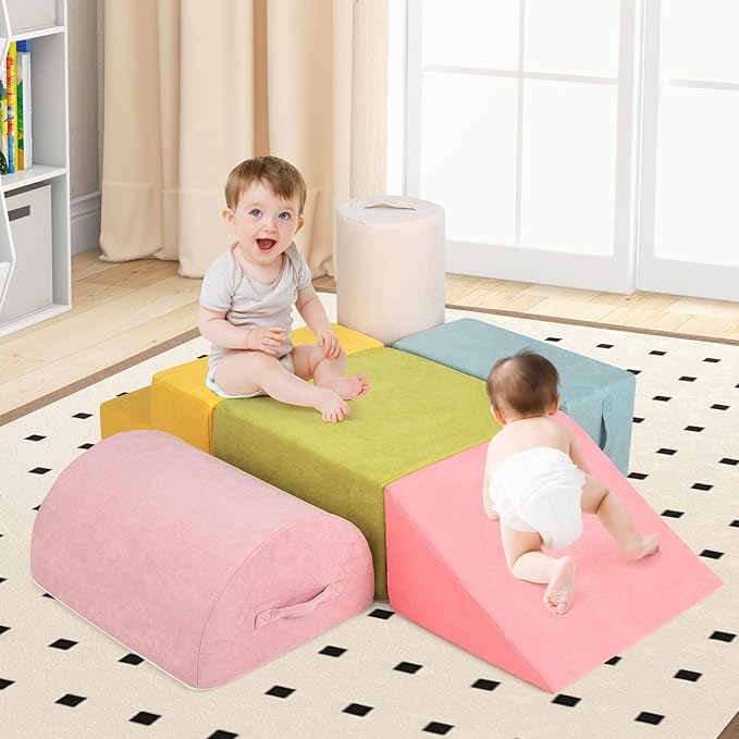 Costzon Toddler Climbing Toys Indoor, 6 Pieces Foam Climbing Blocks for Baby Inside with Skin-Friendly Chenille Fabric, 30D High-Density Foam & Carrying Handles, Soft Play Climbing for Toddlers (Pink)