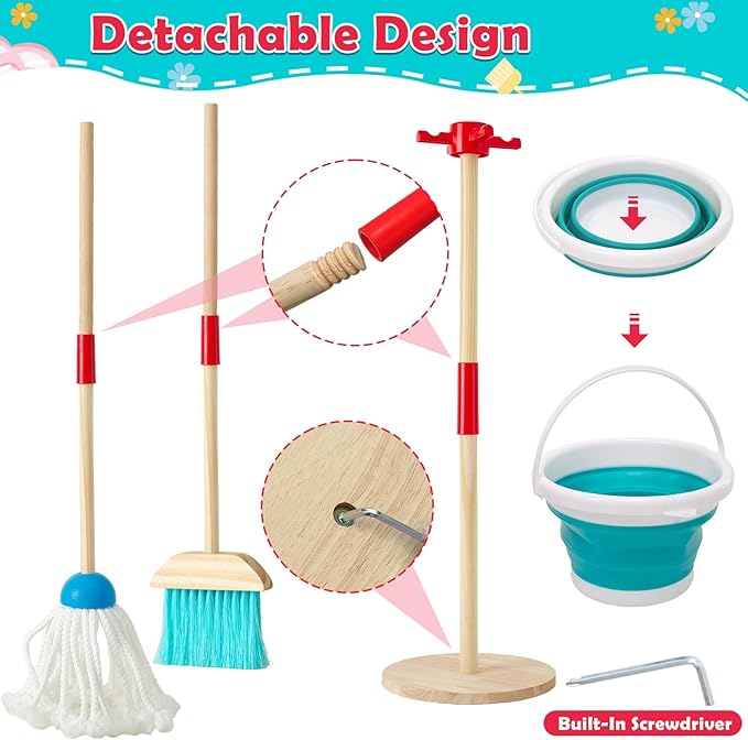 Lonico Wooden Kids Cleaning Toy Set Pretend Play Toys, 12 Pcs Toddlers Cleaning Mop Broom and Dustpan Set with Organizing Stand/Bucket/Duster/Brushes, Toddler Toys Gift for Boys Girls Aged 3 4 5 6