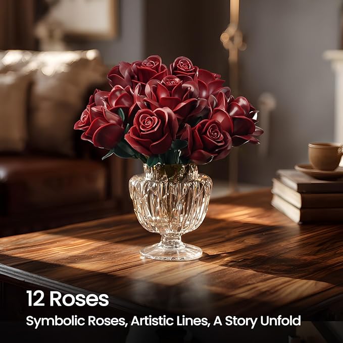 iATOM Burgundy Red Rose Bouquet Building Set, Artificial Flowers Botanical Collection Kit for Adults Women, Halloween & Valentines Gift - Gothic Home Office Table Centerpiece Decor - IA11016