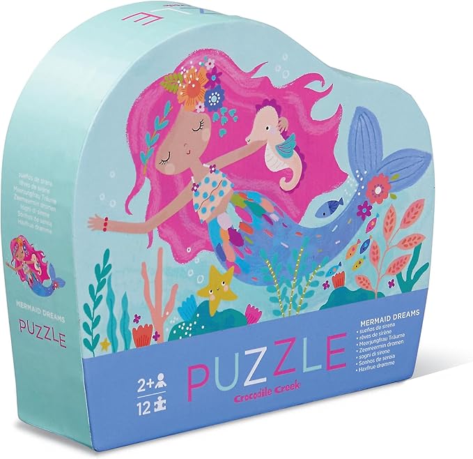Crocodile Creek 12-Piece Mini Jigsaw Puzzle - Fun Floor Puzzles for Kids Ages 2-4 and Up - Heavy-Duty Shaped Box for Storage - Mermaid Dreams - 12" x 9" Finished