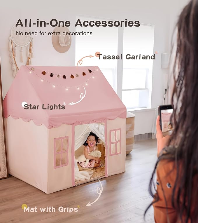 Large Kids Tent with mat, Star Lights, Tissue Garland, Play Tent Indoor & Outdoor, Kids Play Tent for Girl & Boy Aged 3+, Kids Tent for Toddler, 52" x35" x 52" Play House with Windows, Washable, Pink