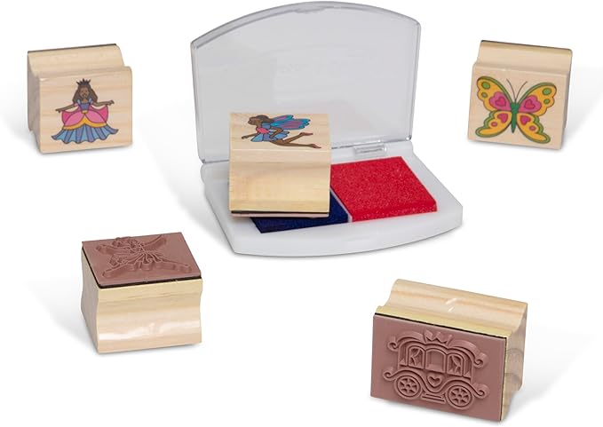 Melissa & Doug Deluxe Wooden Stamp and Coloring Set – Fairy Tale (30 Stamps, 6 Markers, 2 Durable 2-Color Stamp Pads) Fairy Tale-Themed Wooden Stamps for Kids and Coloring Activity Set