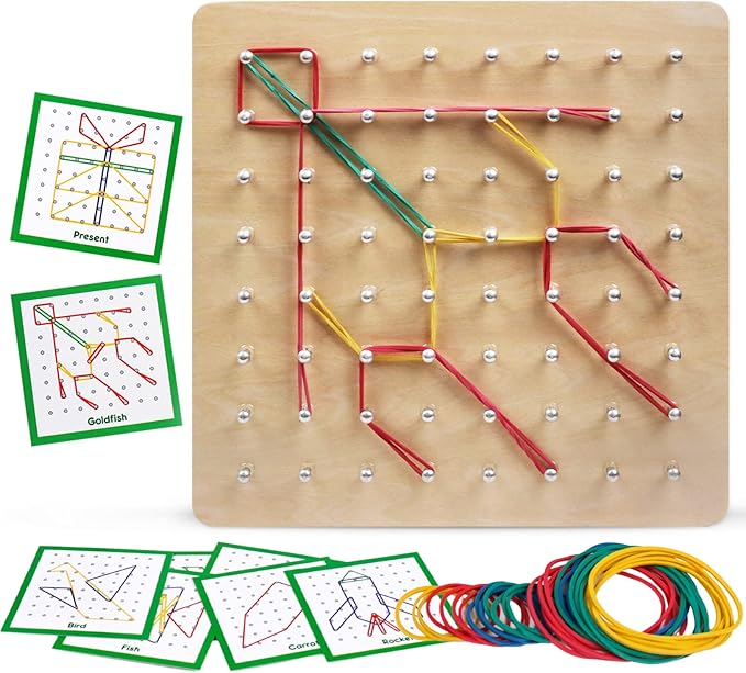 Kizh Wooden Geoboard Math Manipulative Material Graphical Geo Board Montessori Educational Toys Array Block Pattern Cards and Rubber Bands STEM Puzzle Matrix 8x8 Brain Teaser Toys