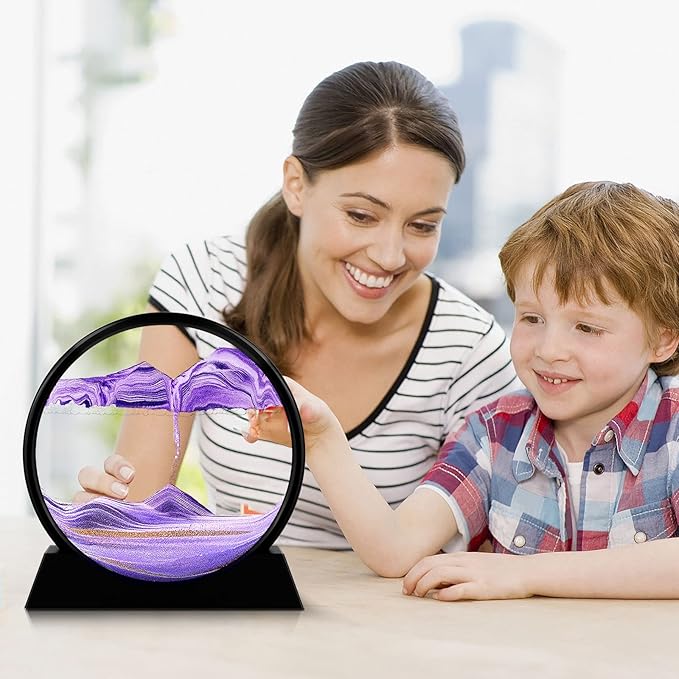 Moving Sand Art Picture - 3D Quicksand Painting Decor - Round Glass 3D Deep Sea Sandscape - Relaxing Home Decoration Desk Toys for Home Office Desk Mantle Bookshelf- (Purple, 7 in)