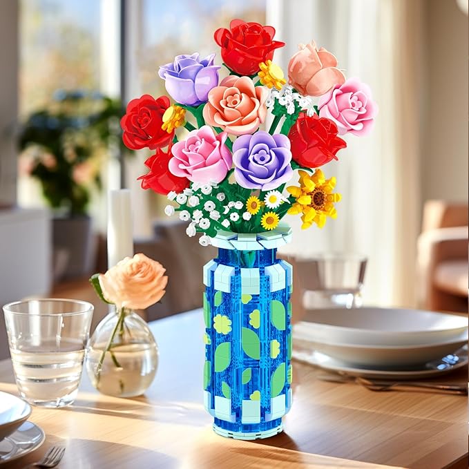 Roses Flowers Building Set with Vase & LED Light, Mother's Day 16 Mini Flowers Bouquet Botanical Building Blocks Toy, Birthday Gifts for Adults, Artificial Flowers for Home Decor & Display