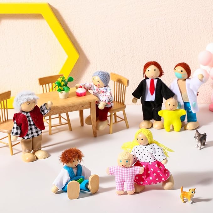 Skylety 10 Pcs Wooden Dollhouse Set of Mini People Figures Dollhouse Dolls Wooden Doll Play Figures Accessories(Rustic Style)