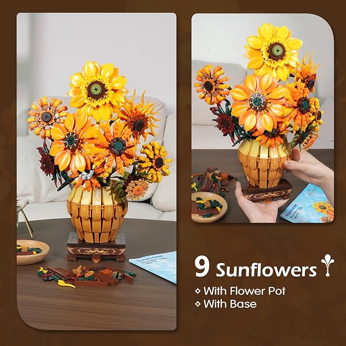 Sunflower Building Set with Lights Vase Base, Flowers Botanical Collection Building Block Home Decor, 1180PCS Art Flower Bouquet Bonsai Plant Building Kit Gift for Adults Teens Girls Boys 12+