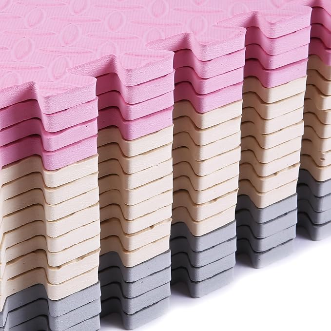 Foam Floor Mat, Solid Colored Play Mat, Non-Toxic Interlocking Foam Puzzle Floor Mats, 0.4" Thick Square Kids Playmat丨47x47 Play Mat for Playpen (Beige/Gray/Pink)