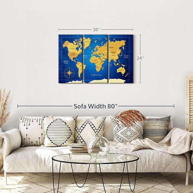 ElephantStock Yellow Longitude World Map Multi Piece Canvas - 3 Panel Wall Decor - Map of the World Art - Canvas for the Office and Home - 38" X 24"