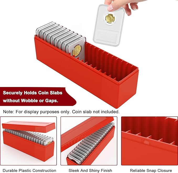 Plastic Coin Slab Storage Box – 20-Slot Coin Holder Organizer Case Fits for PCGS NGC PMG PCCB Slabs, Secure Coin Collection Box for Collectors, Home, Office, Bank Use (Box Only, Red)