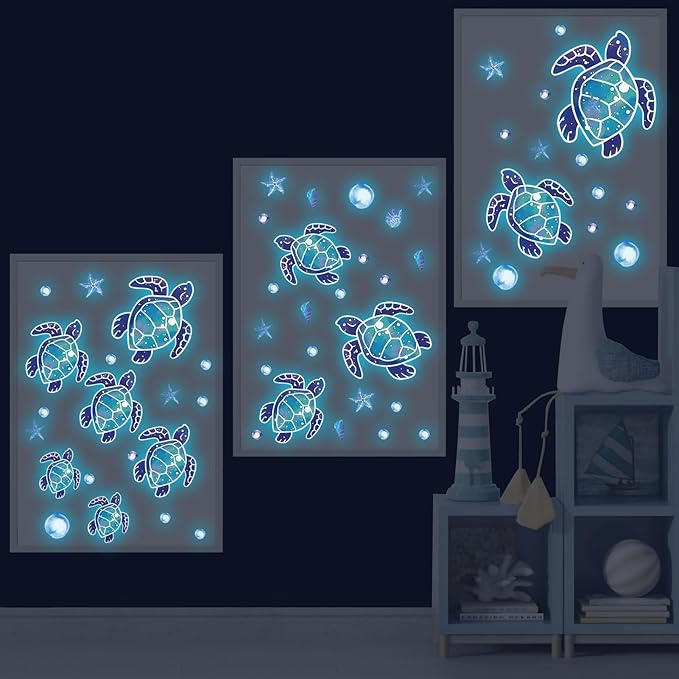 Glow in The Dark Sea Turtle Wall Decals,Under The Sea Turtle Bathroom Wall Stickers Ocean Wall Decor for Kids Baby Nursery Living Room Beach Room Decor