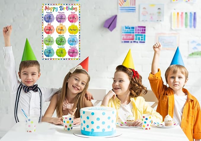 FLYAB Happy Birthday Chart for Classroom - Watercolor Celebration Poster for Kids Back To School Bulletin Board Decorations Teacher Supplies