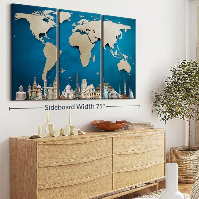 ElephantStock Ocean Blue World Map Multi Piece Canvas - 3 Panel Wall Decor - Map of the World Art - Canvas for the Office and Home - 74" X 48"