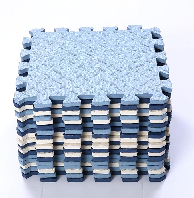 Foam Play Mat for Baby, 0.4 Inch Thick Foam Interlocking Floor Mats, Soft Non-Toxic Baby Playmat, Puzzle Play Mat Kids Floor Mats for Toddler, 16 Tiles(White/Dark Blue/Gray Blue)