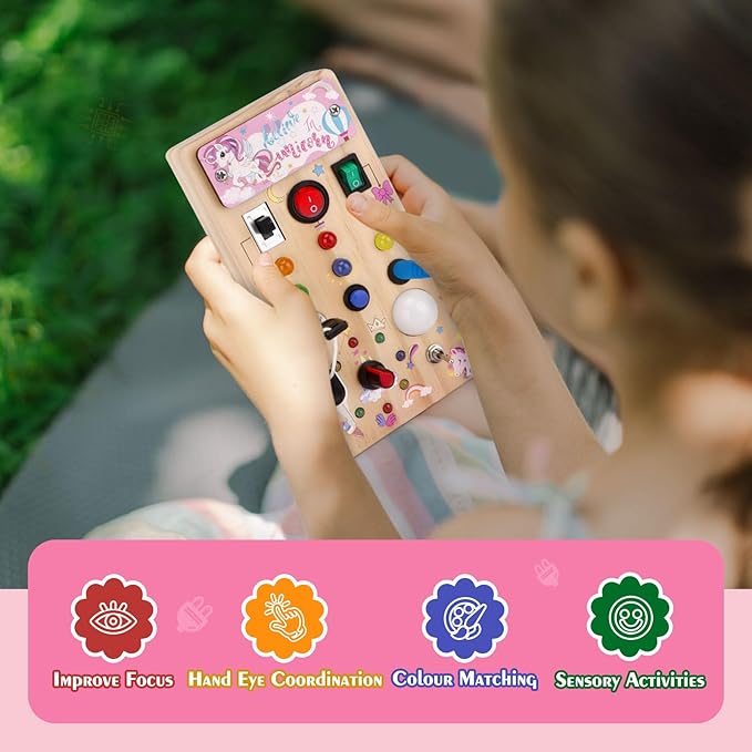 Unicorn Wooden Busy Board Sensory Toys with 8 LED Light switches,Christmas Travel Toys Montessori Toys for 1 Year Old Babies Toodler