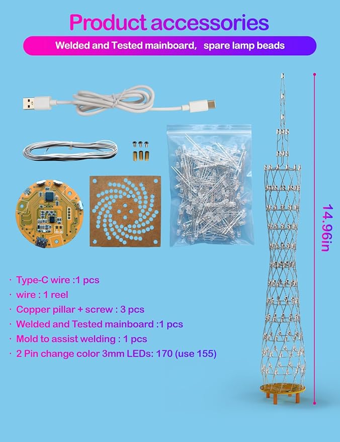 Led Canton Tower Model DIY Electronic Kit, LED Cube Model Handmade Soldering Project Kit, 12 LED Circles, Height 38cm. (GZT-12 KIT)