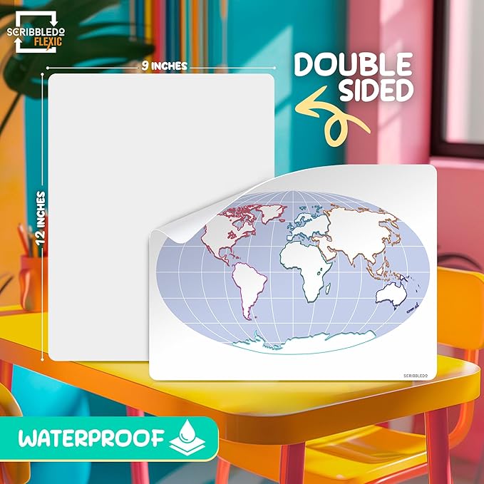 SCRIBBLEDO Continent Practice Sheets 9”x12” Map of The Seven Continents Dry Erase World Globe Sheets Homeschool Supplies Learning Map Teacher Students Classroom Pack of 10 Sheets