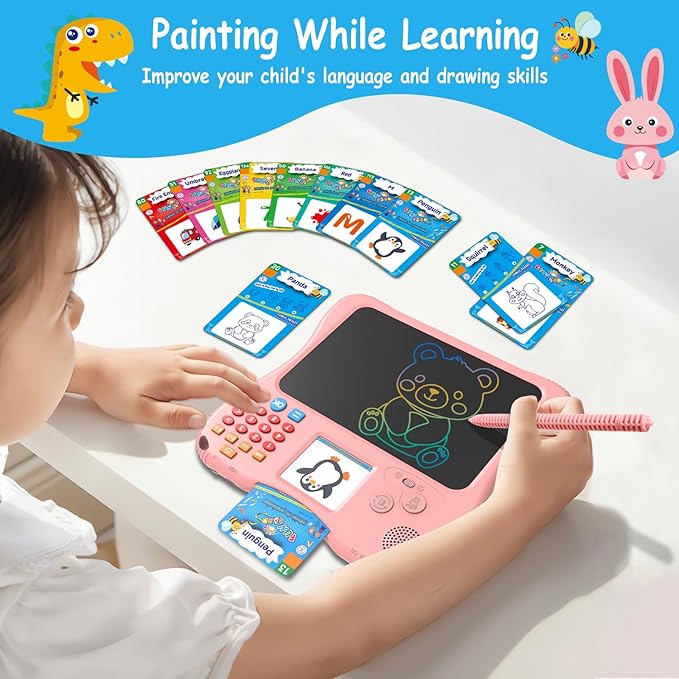 EASEGMER 3 in 1 Educational Learning Travel Toys - 8'' Drawing Tablet and 130 Talking Flash Cards Toddler Writing Tablet and Preschool Learning Activities, Best Gift for Girls/Boys 3-12 Years