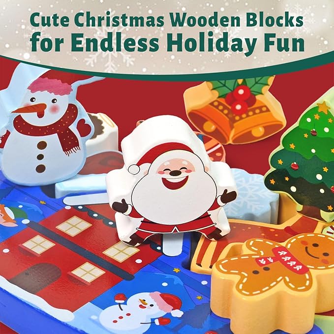Vileafy Christmas Toys for Toddlers and Kids Gifts, Xmas Wooden Stacking Toys -12 Play Figure Playsets -Santa Claus, Snowman, Reindeer & Gingerbread Man for Stocking Stuffers